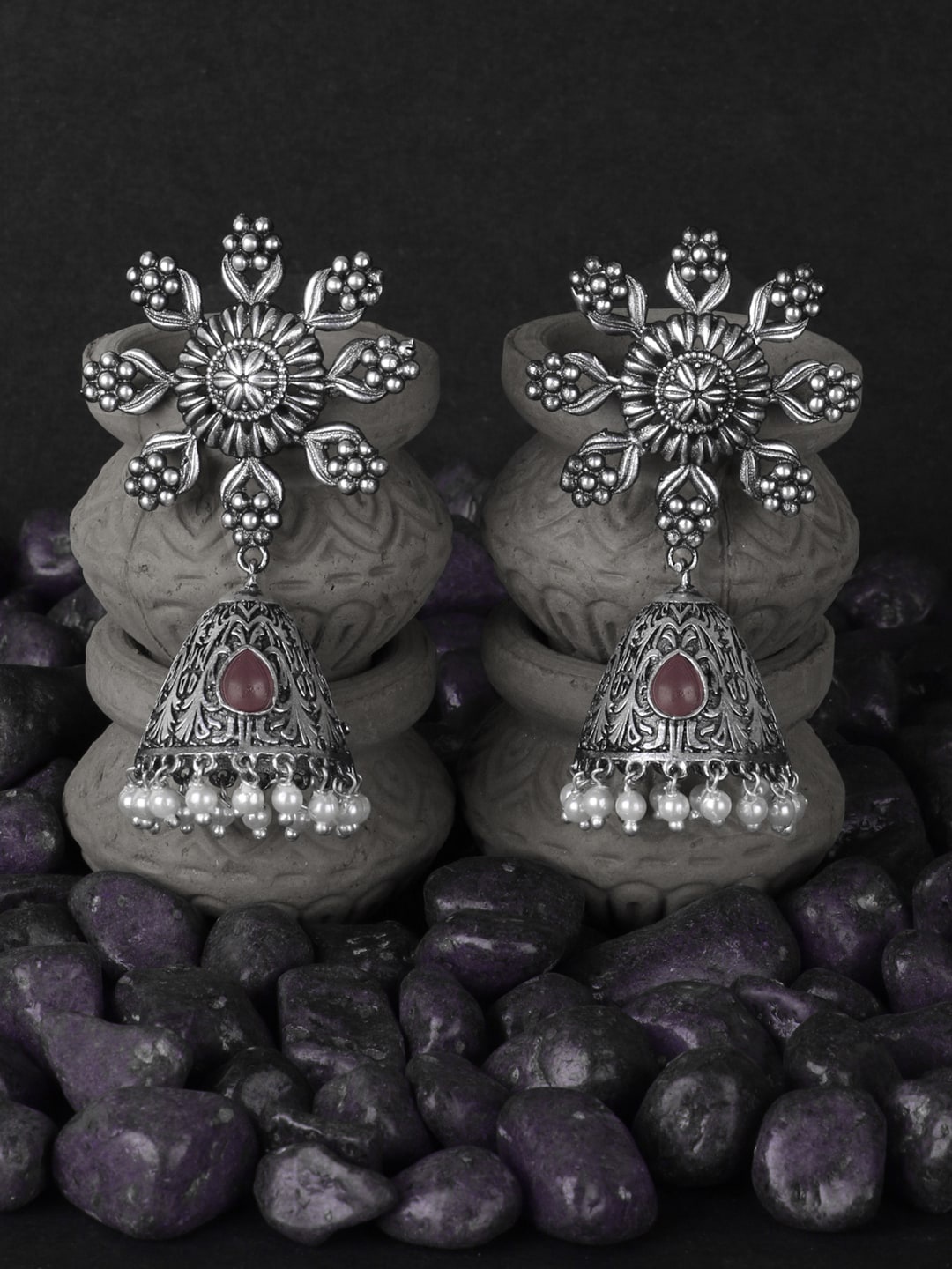 Adwitiya Collection Silver-Plated & Maroon Dome Shaped Jhumkas