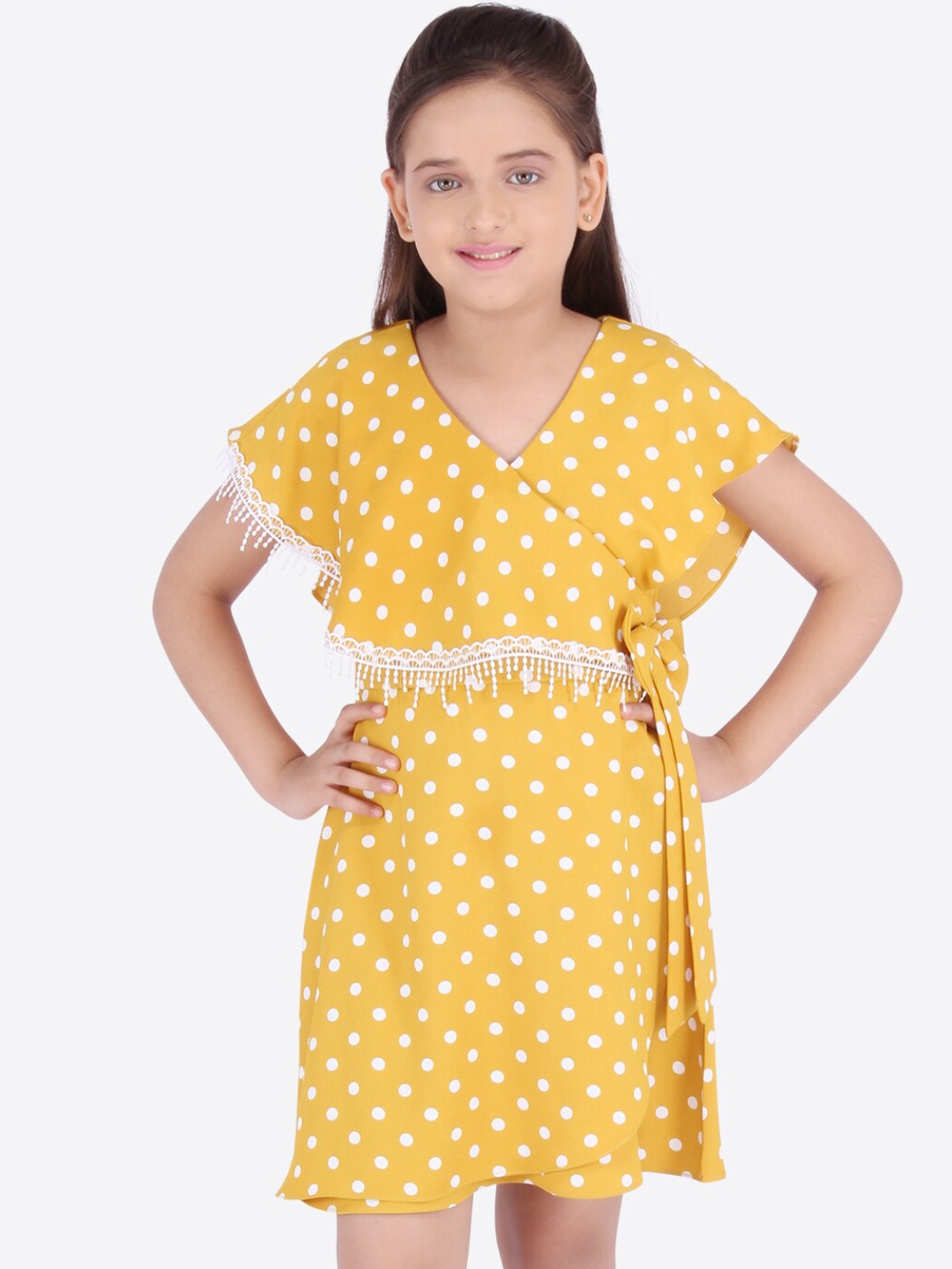 CUTECUMBER Girls Yellow & White Polka Dots Printed Wrap Dress