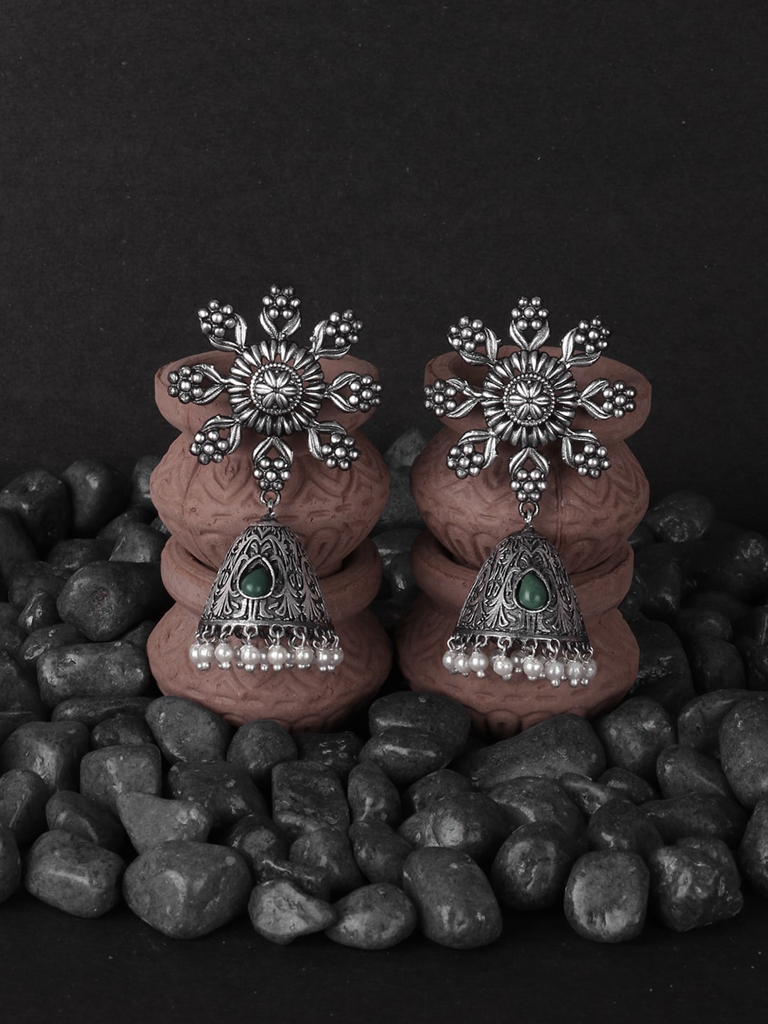 Adwitiya Collection Silver-Plated Oxidised Dome Shaped Jhumkas