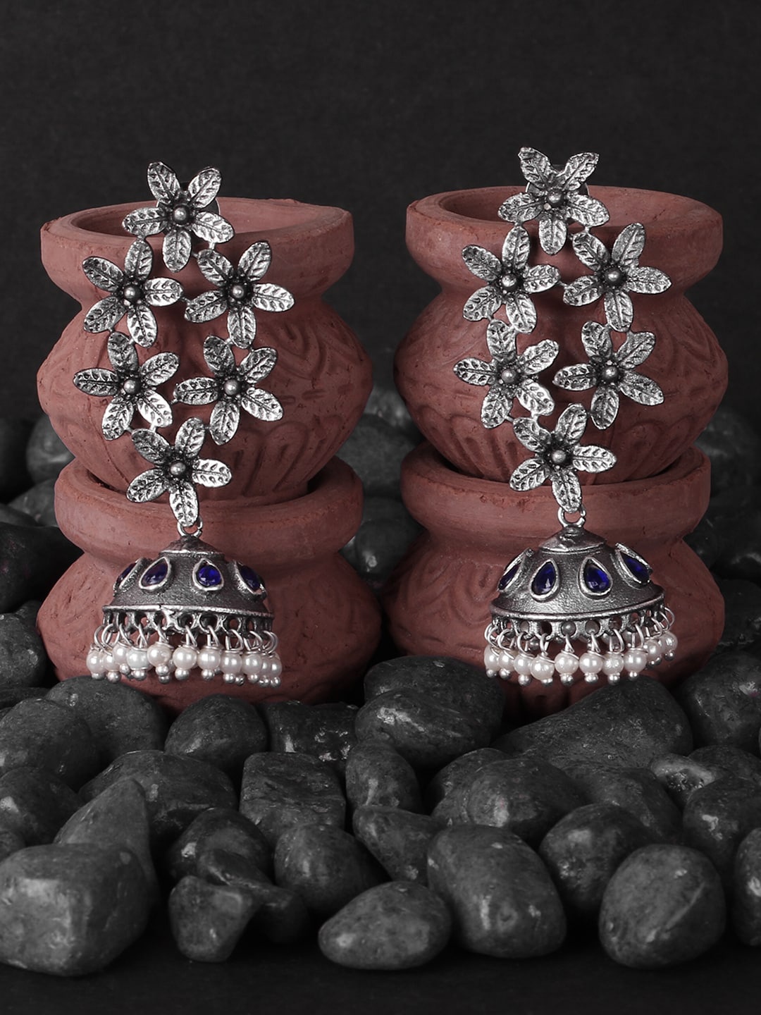 Adwitiya Collection Silver-Plated Oxidised Handcrafted Floral Jhumkas