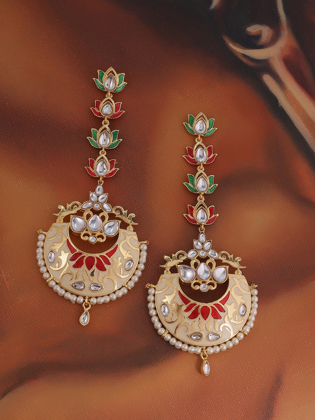 Studio Voylla Gold-Plated & White Enameled Floral Drop Earrings