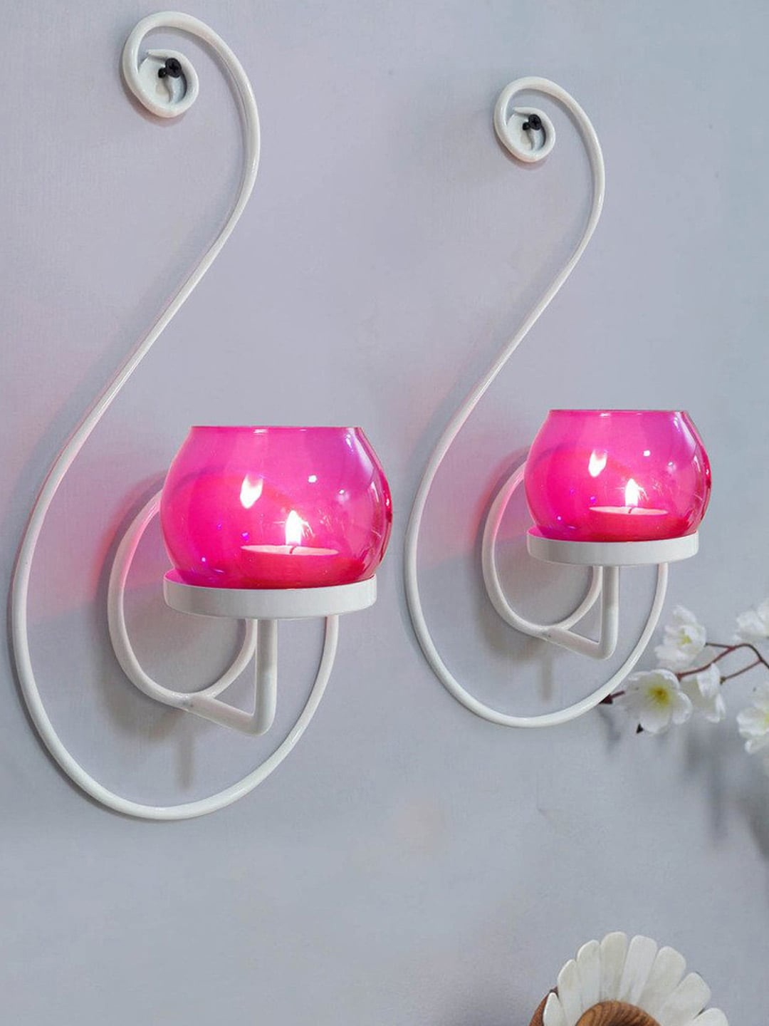 TIED RIBBONS White & Pink Pack of 2 Wall Hanging Tealight Candle Holder