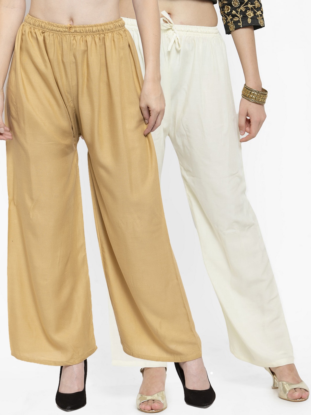 Clora Creation Women Pack Of 2 Off-White & Beige Solid Straight Palazzos