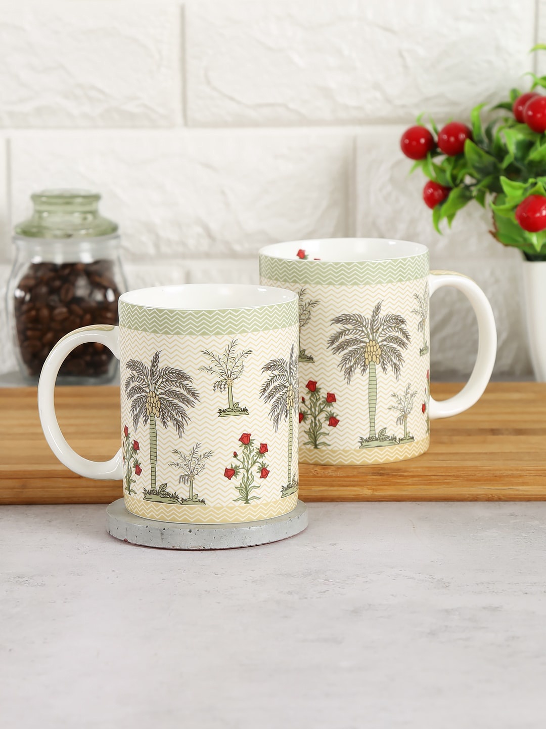 India Circus by Krsnaa Mehta Set of 2 White & Green Chevron Palms Bone China Coffee Mugs
India Circus by Krsnaa Mehta Set of 2 White & Green Chevron Palms Bone China Coffee Mugs