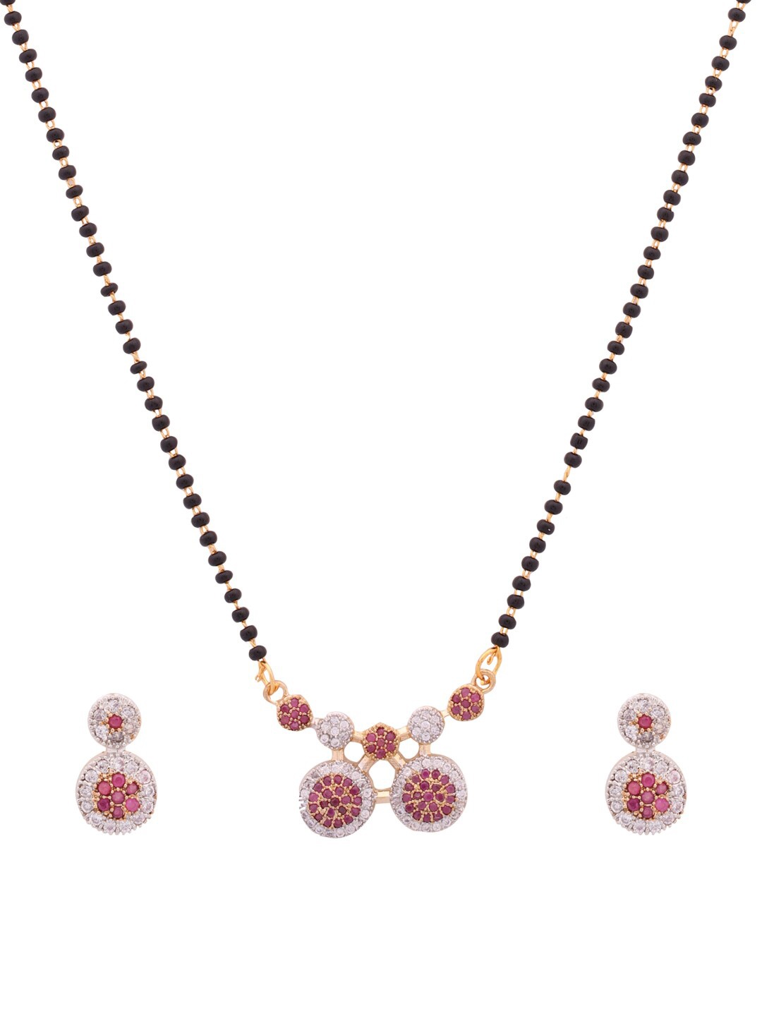 Shoshaa Gold-Plated Black & Magenta Artificial Stone-Studded Mangalsutra & Earrings Set
Shoshaa Gold-Plated Black & Magenta Artificial Stone-Studded Mangalsutra & Earrings Set