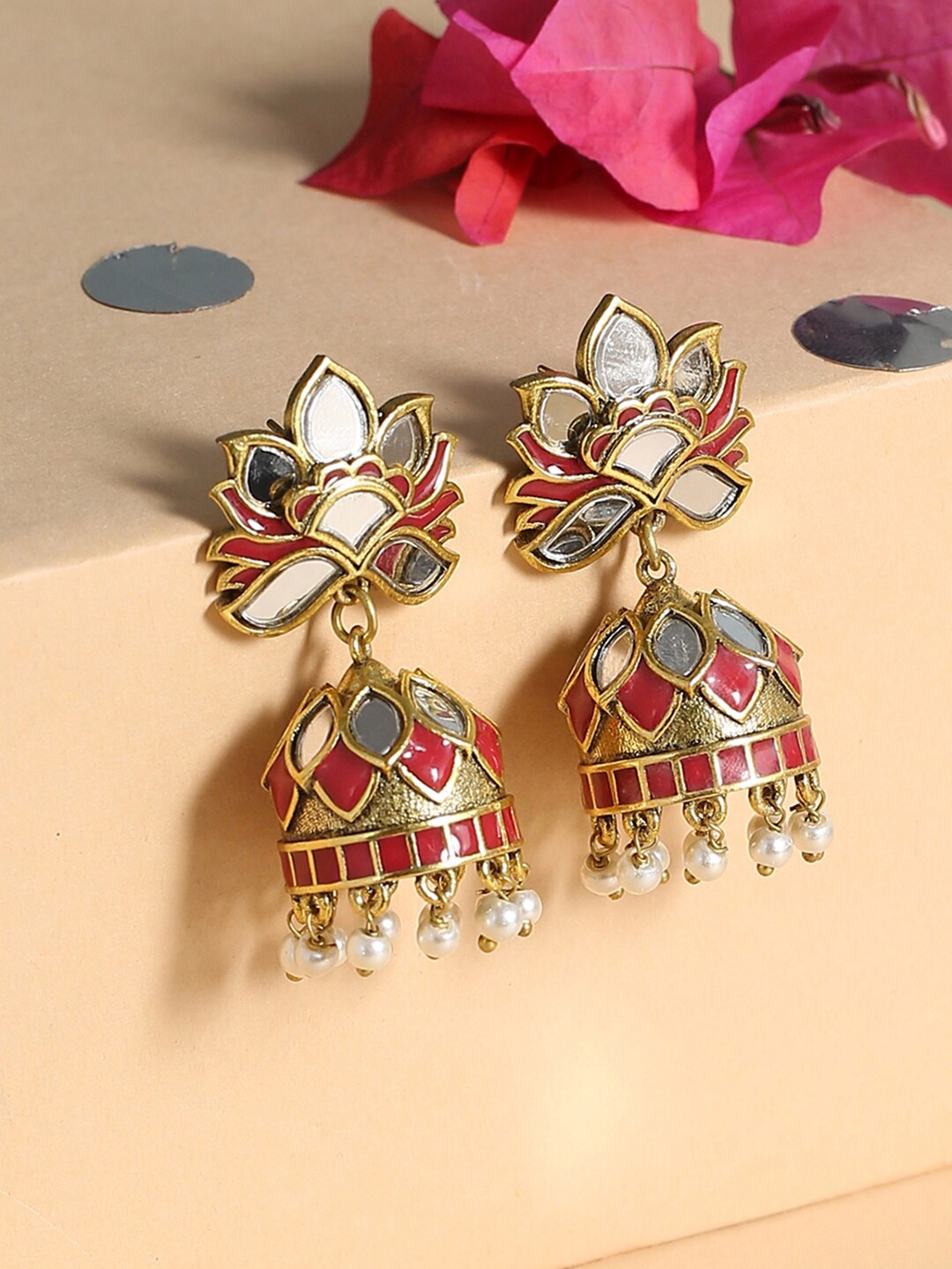 Voylla Gold-Plated & Red Dome Shaped Jhumkas