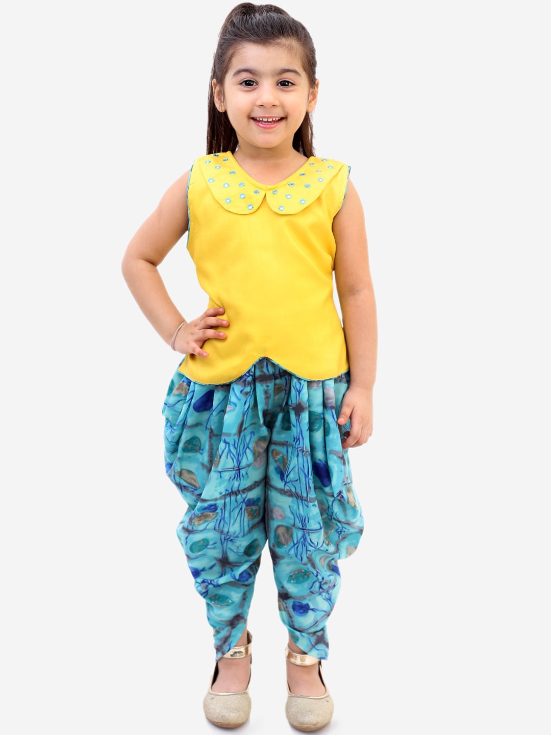 KID1 Girls Yellow & Blue Solid Top with Dhoti Pants