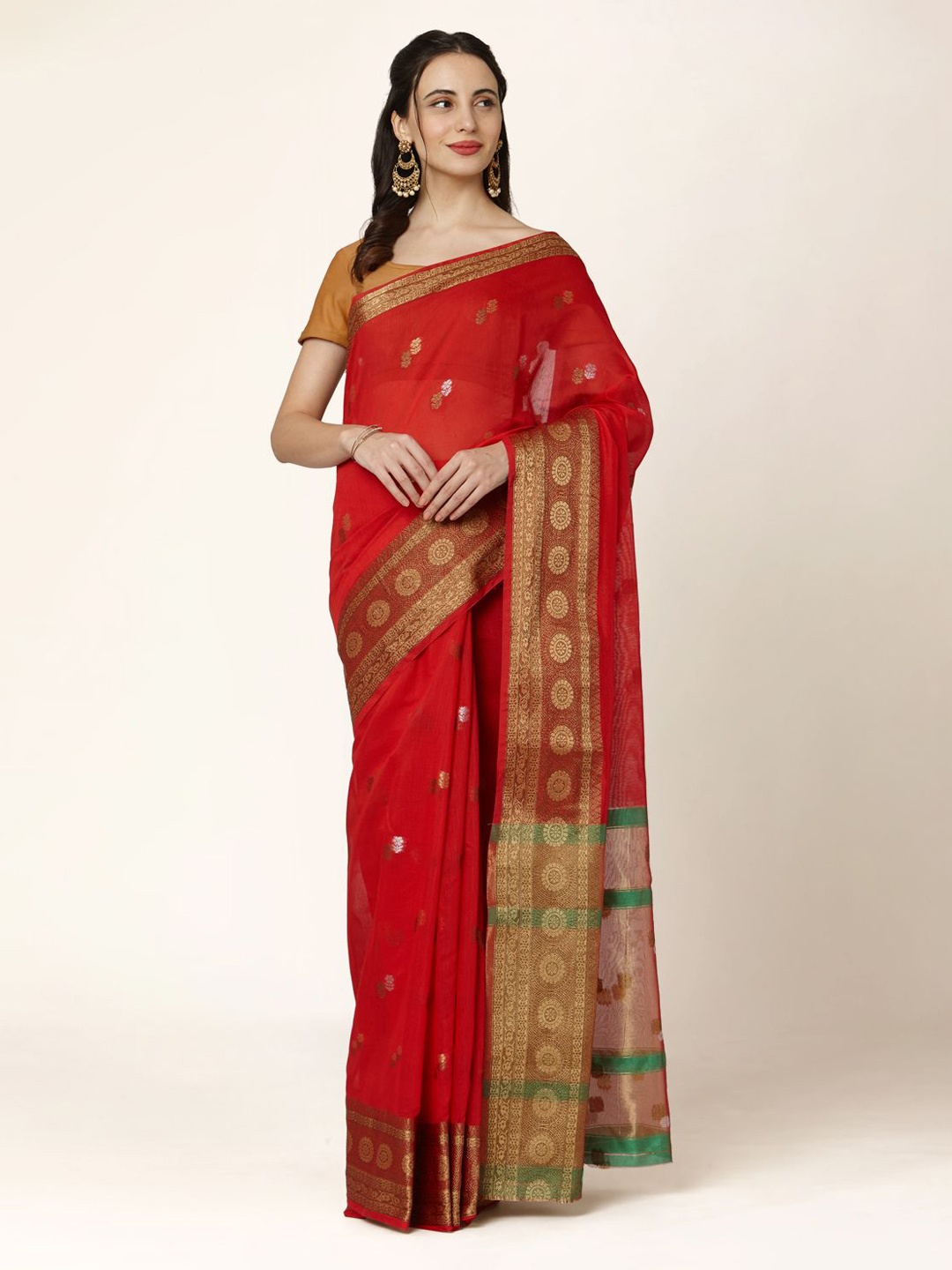 Mitera Red & Green Silk Blend Woven Design Saree