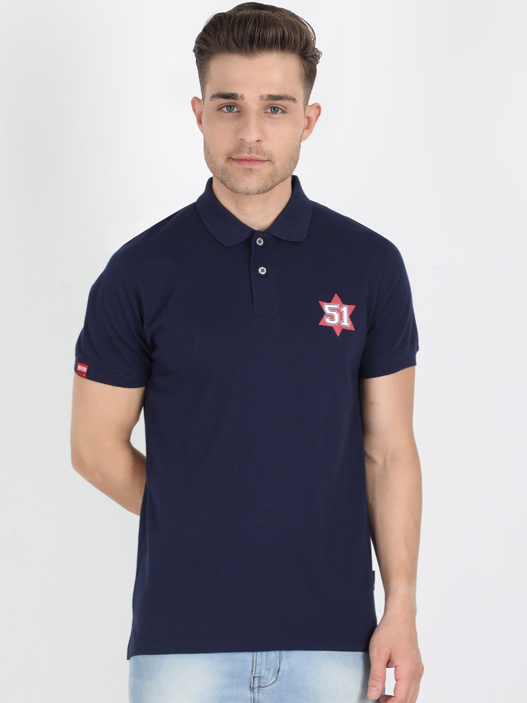 Fruit of the loom Men Navy Blue Solid Polo Collar Pure Cotton T-shirt