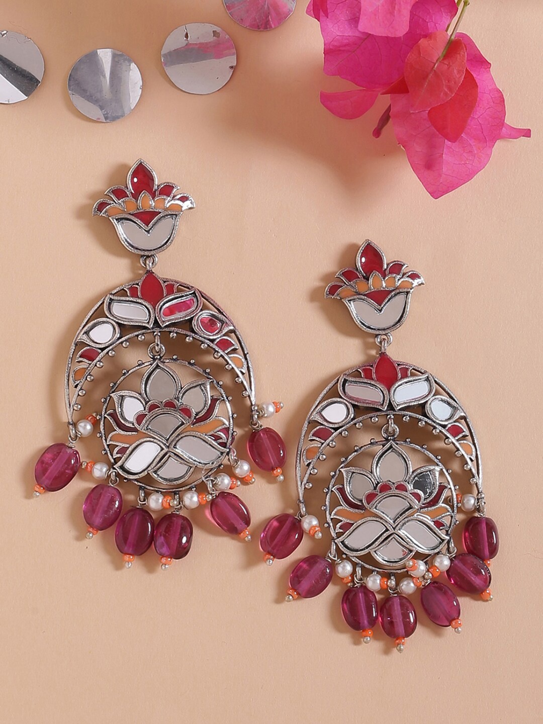 Voylla Silver-Plated & Pink Mirror Floral Drop Earrings