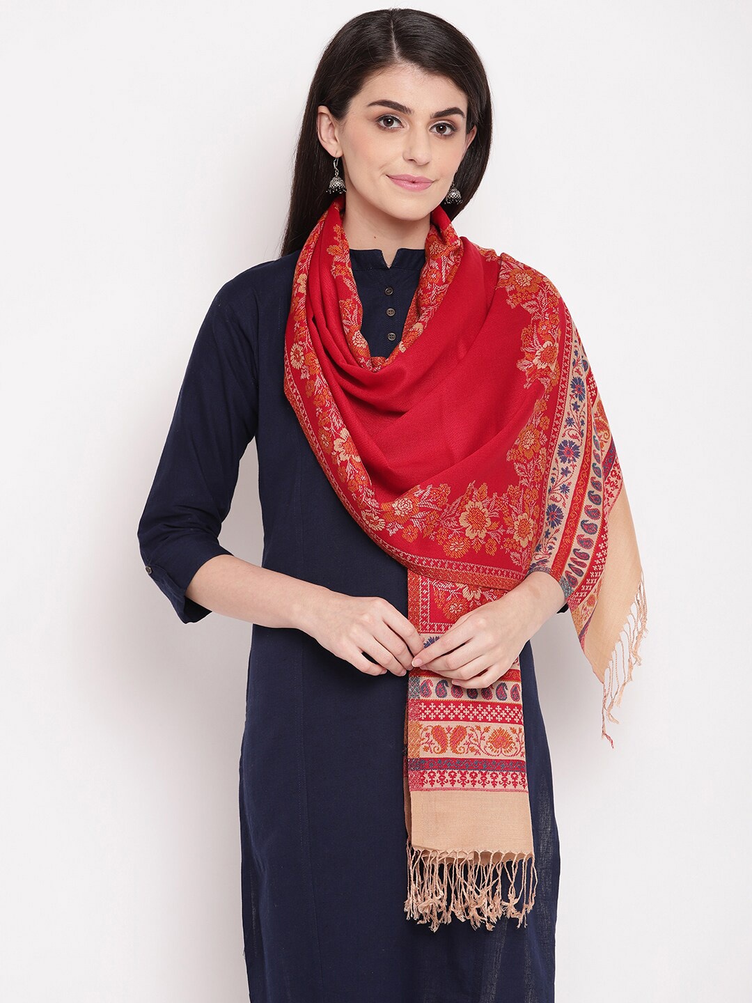 HK colours of fashion Women Red & Beige Woven Design Stole with Tasselled Border