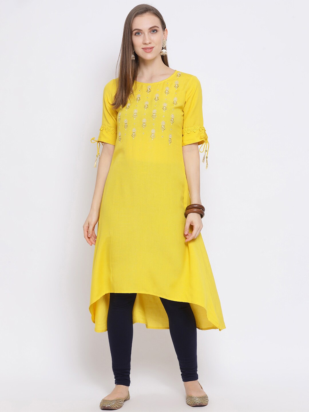 Span Women Yellow Embroidered Yoke Design A-Line Kurta