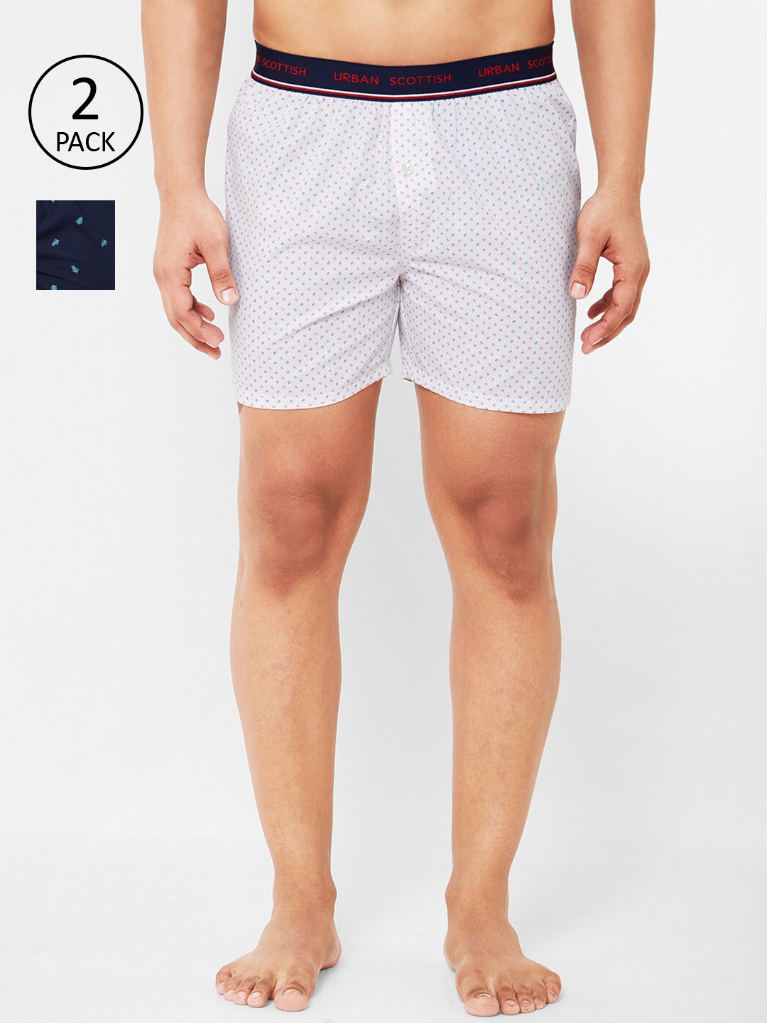 URBAN SCOTTISH Men Pack of 2 Printed Pure Cotton Boxers, White
