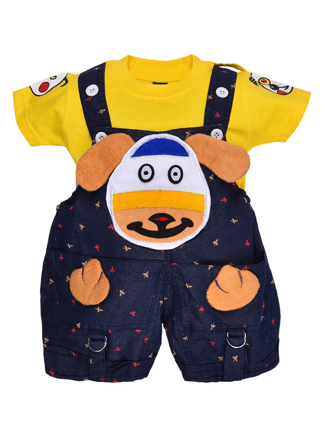Wish Karo Kids Blue & Yellow Applique Dungarees With T-Shirt