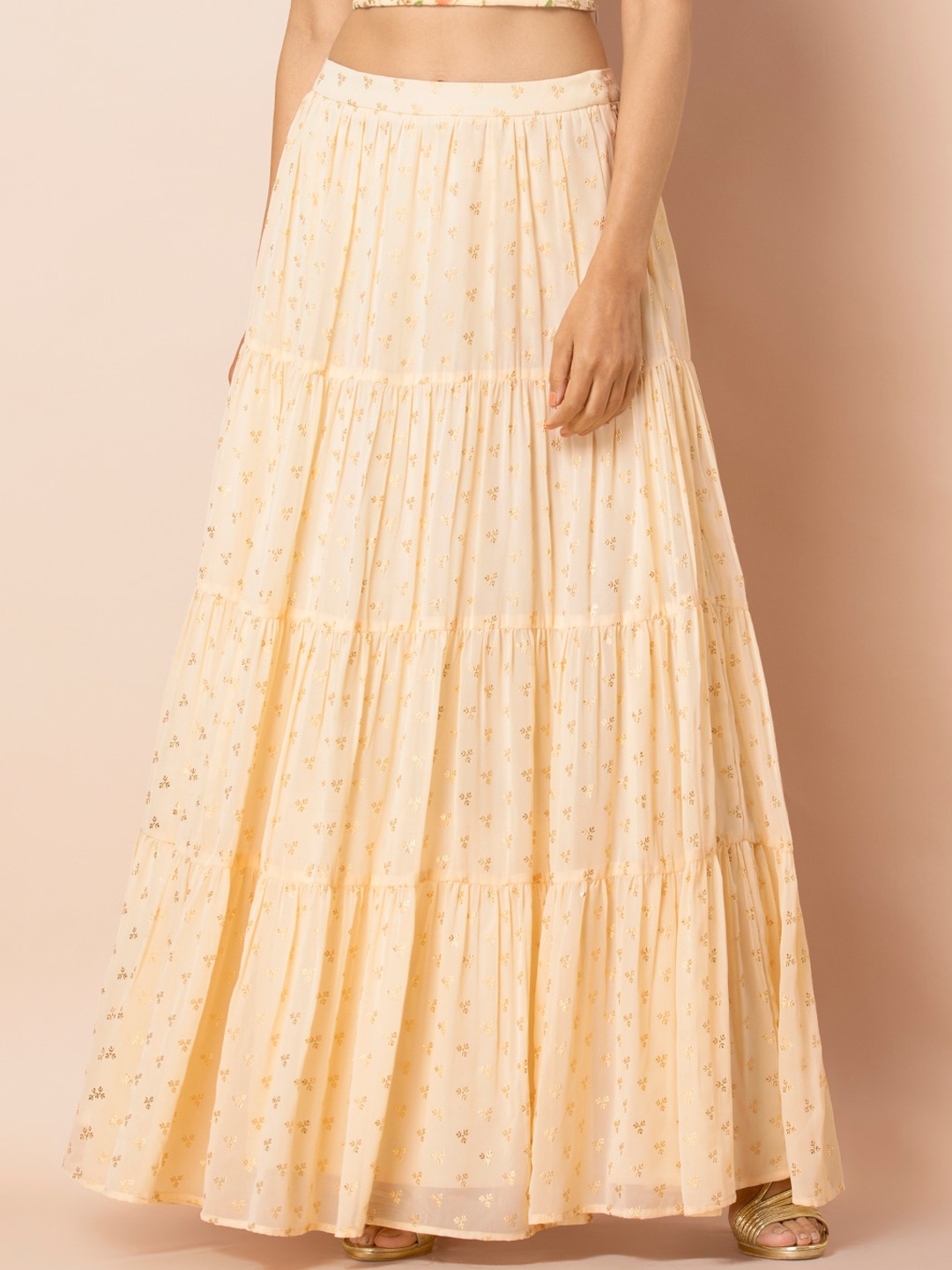 INDYA Cream-Coloured & Gold-Coloured Foil Printed Tiered Maxi Skirt