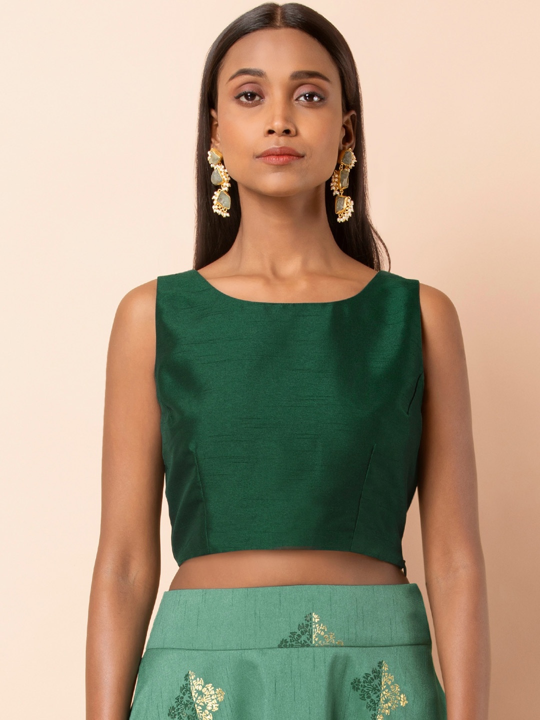 INDYA Women Green Solid Fitted Crop Top