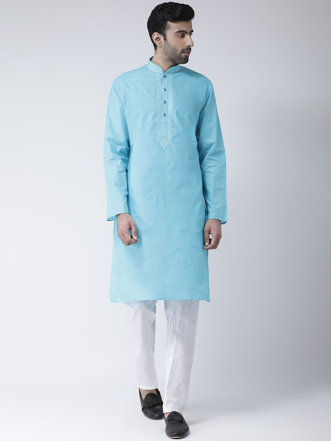 SG LEMAN Men Turquoise Blue & White Yoke Design Kurta with Pyjama