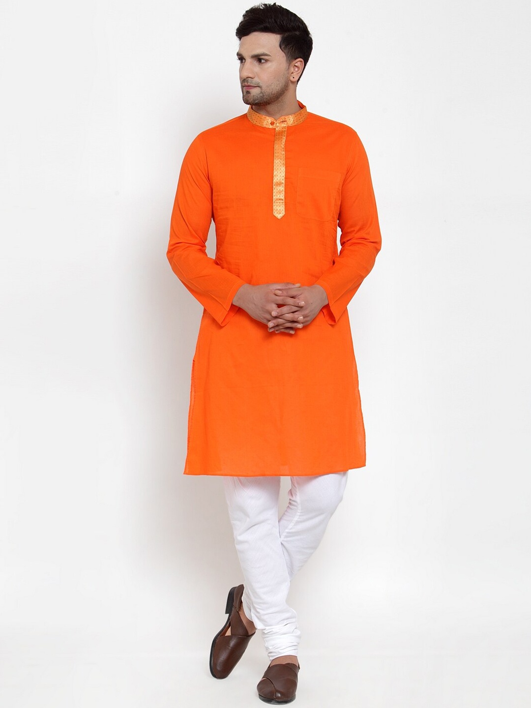 NEUDIS Men Orange Solid Handloom Kurta with Churidar