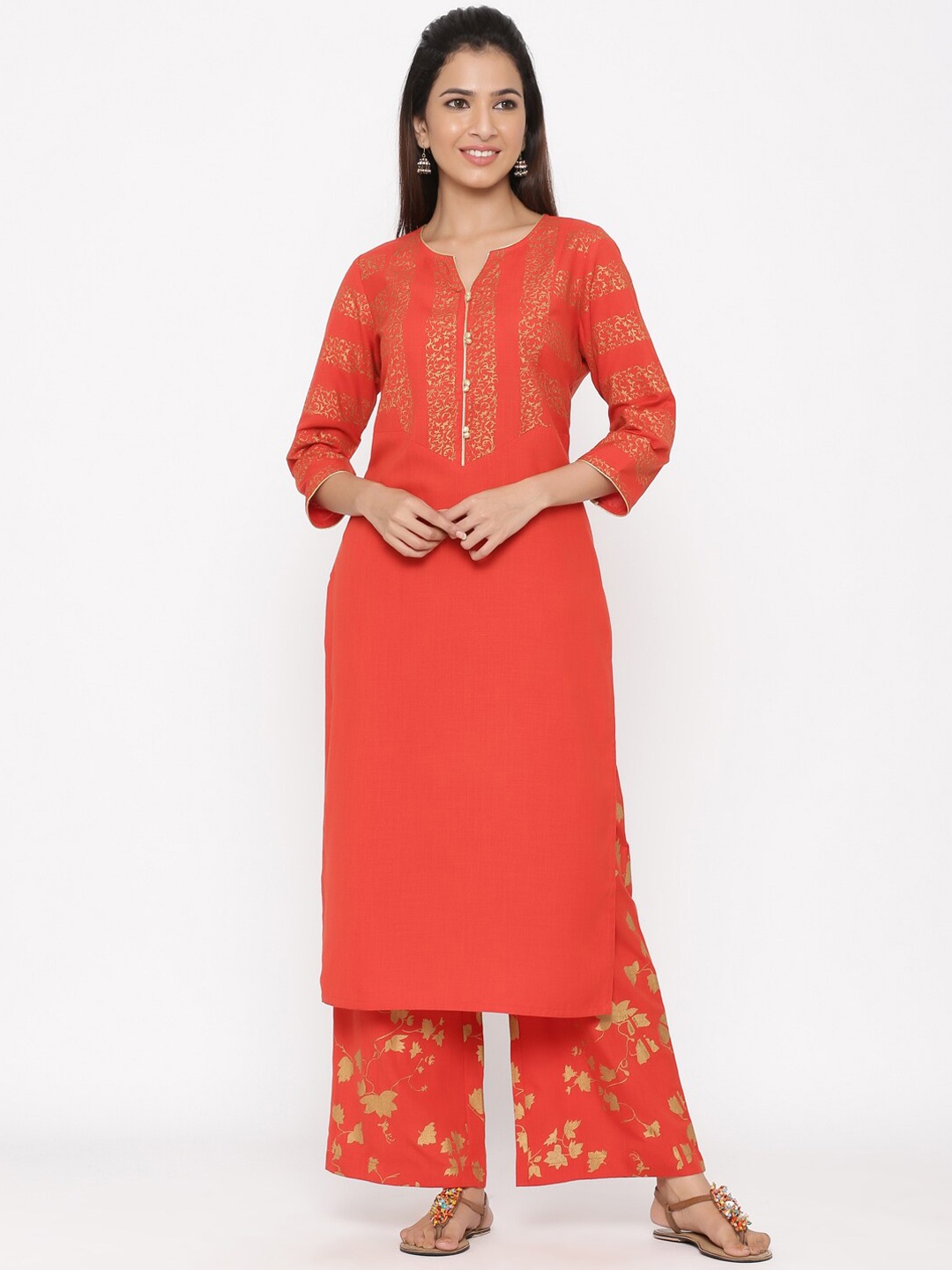 Jaipur Kurti Women Red Yoke Design Kurta with Palazzos