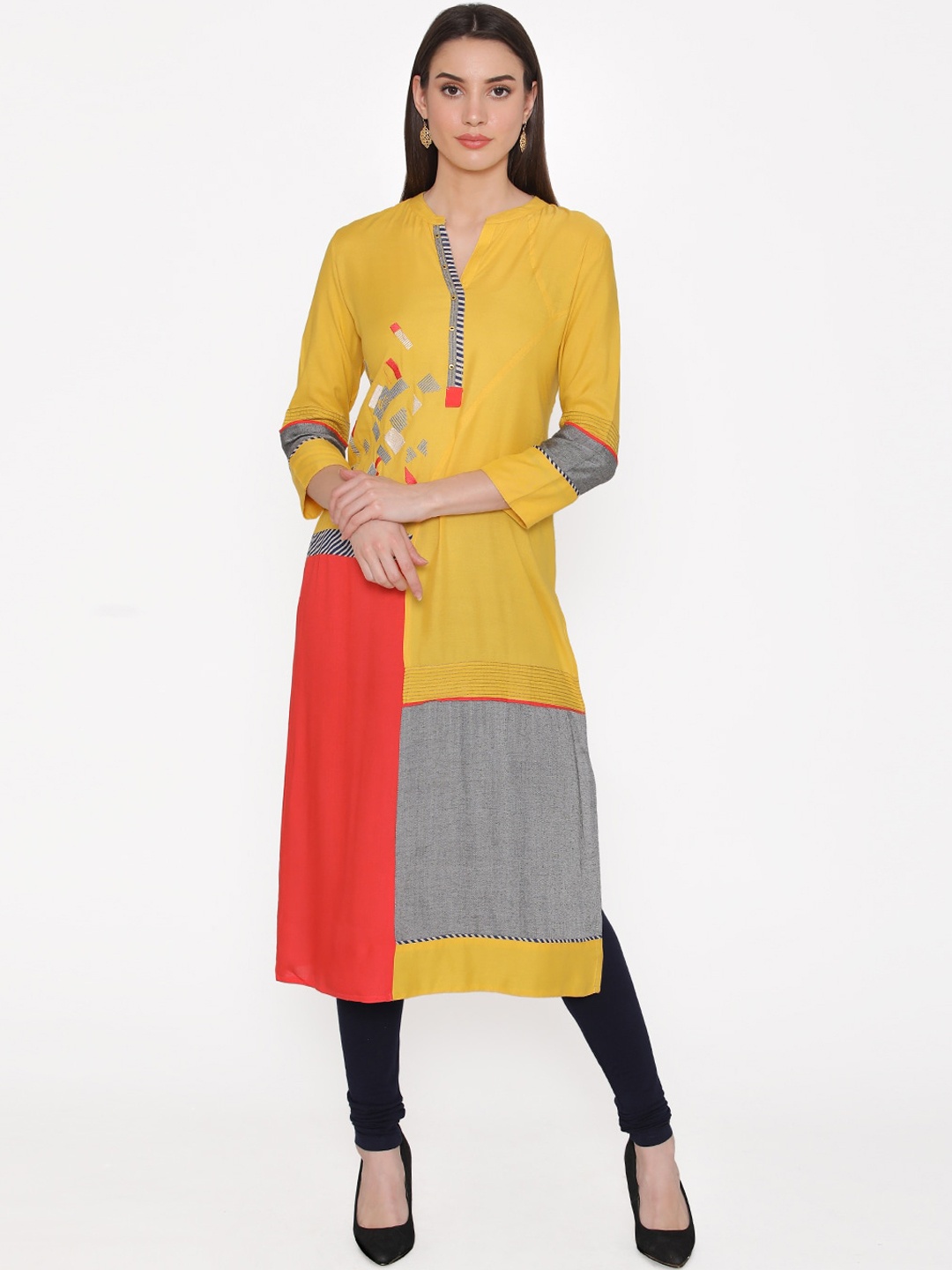 Kifahari Women Yellow & Red Colourblocked Kurta with Churidar