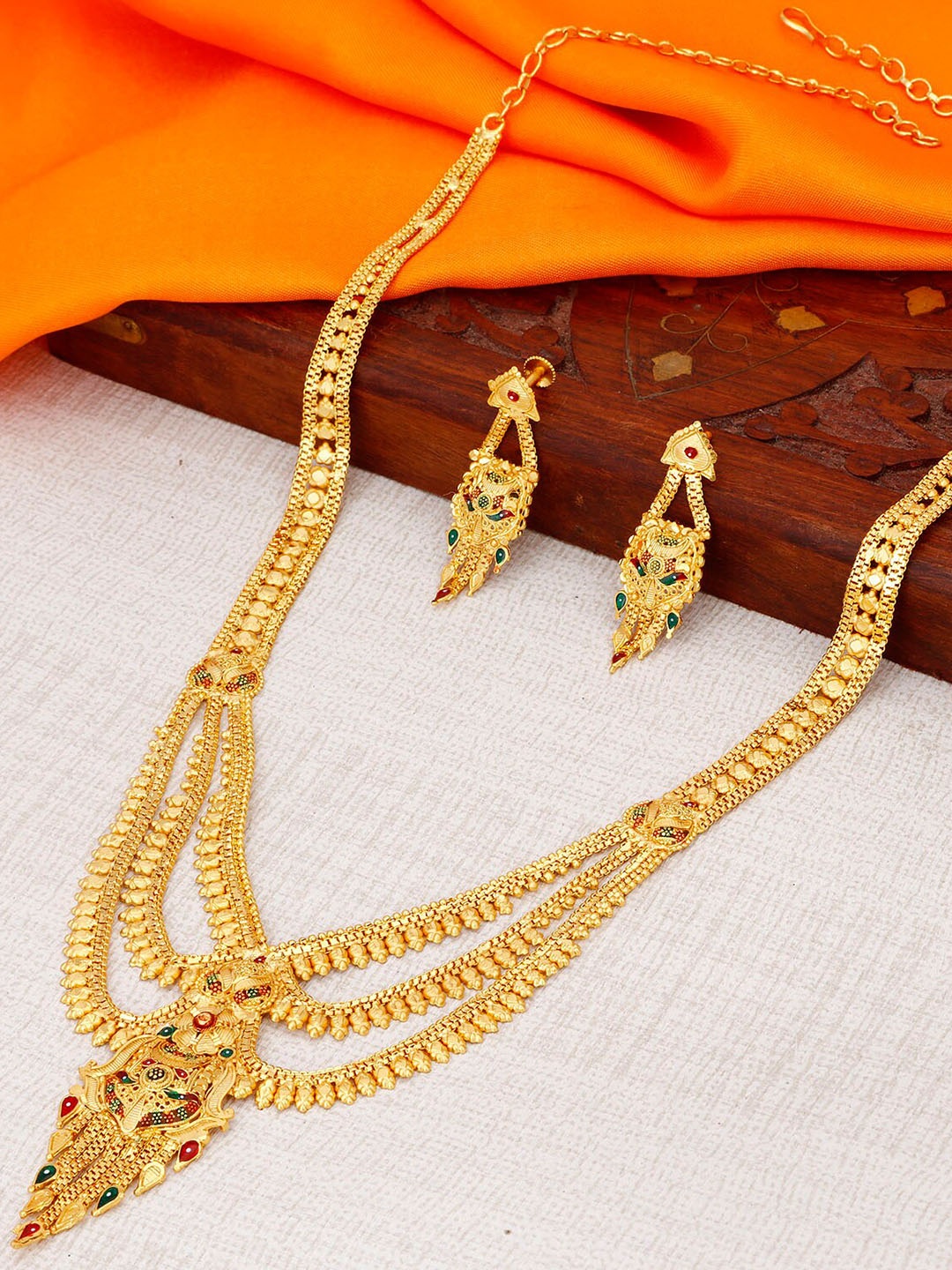 Sukkhi 24 Carat Gold-Plated Red & Green Stone-Studded Jewellery Set