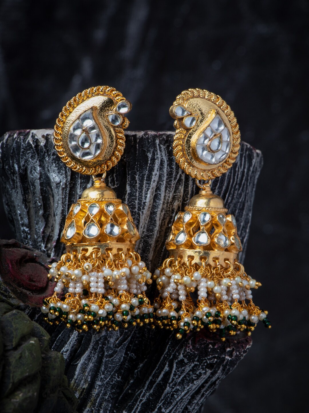 MORKANTH JEWELLERY Gold-Plated & White Paisley Shaped Handcrafted Jhumkas
