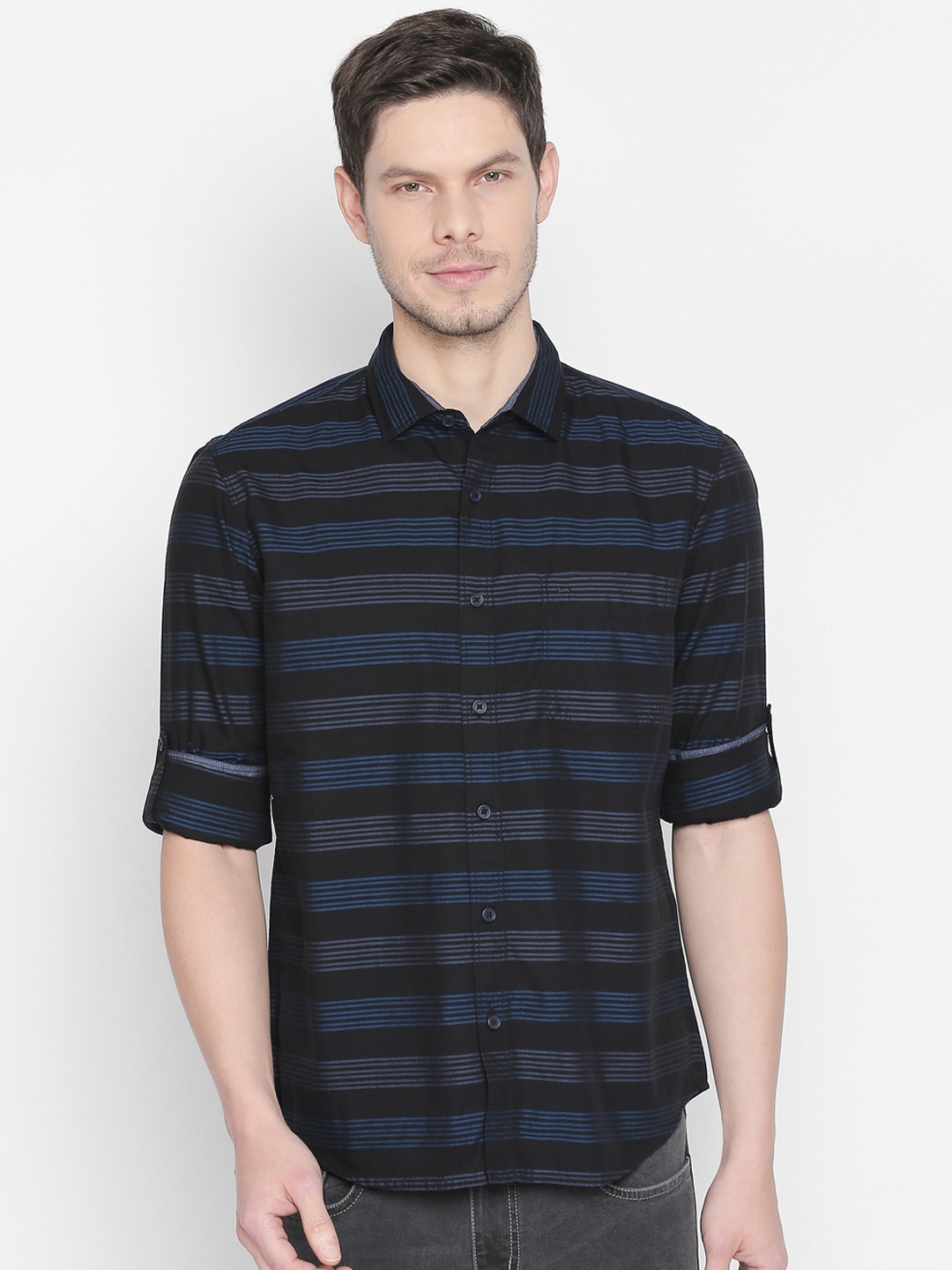 Basics Men Navy Blue & Black Slim Fit Striped Casual Shirt