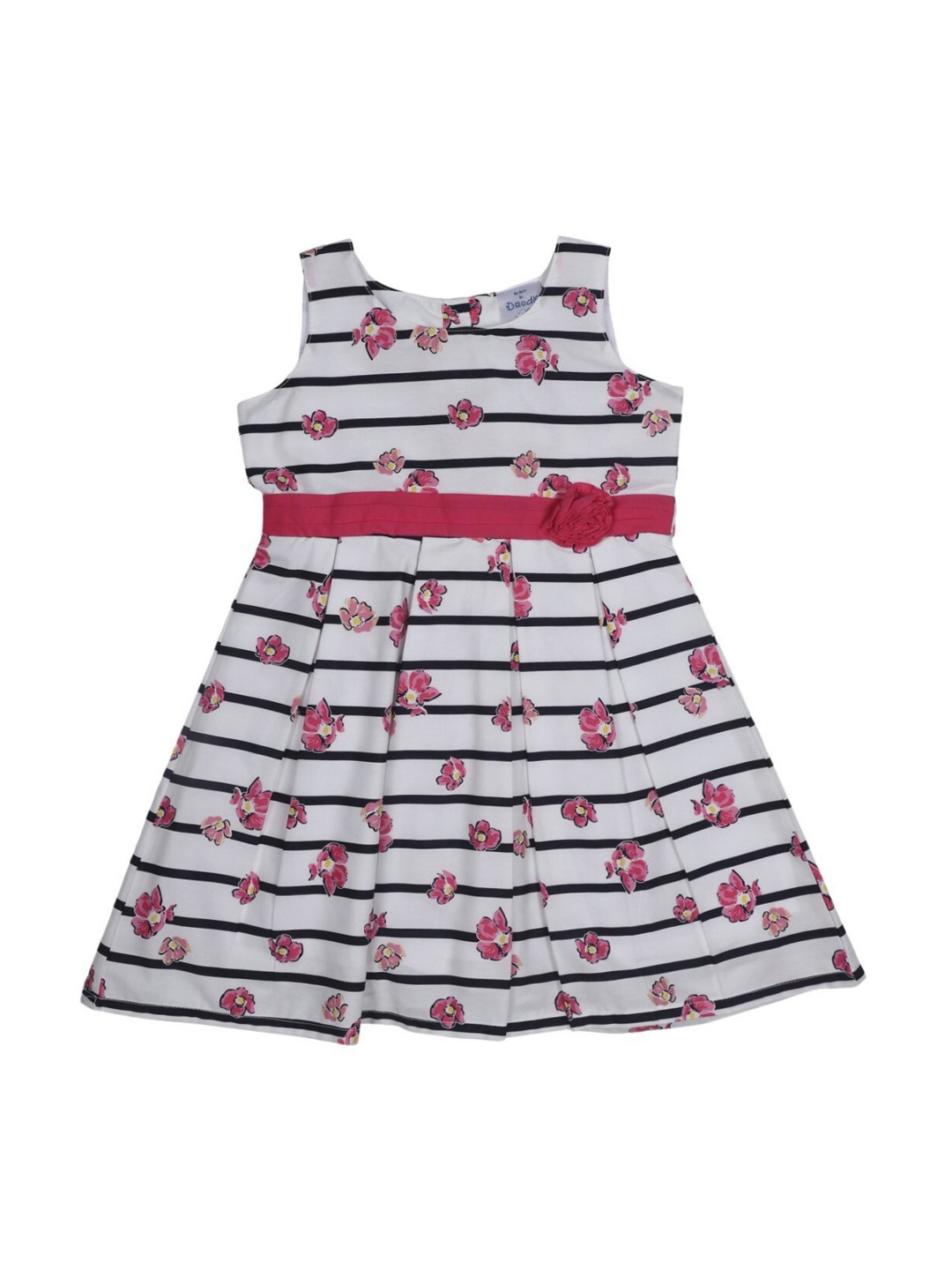 Doodle Girls White & Black Printed Fit and Flare Dress