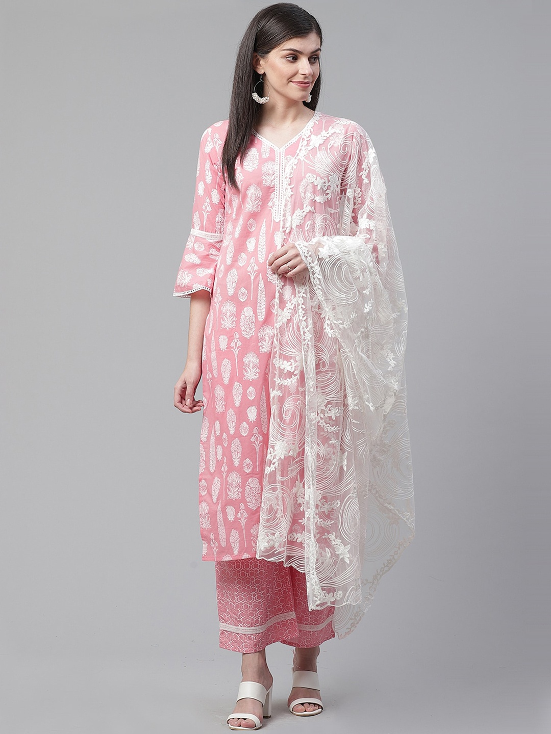 Indo Era Women Pink & Off-White Foil Printed Kurta with Palazzos & Dupatta