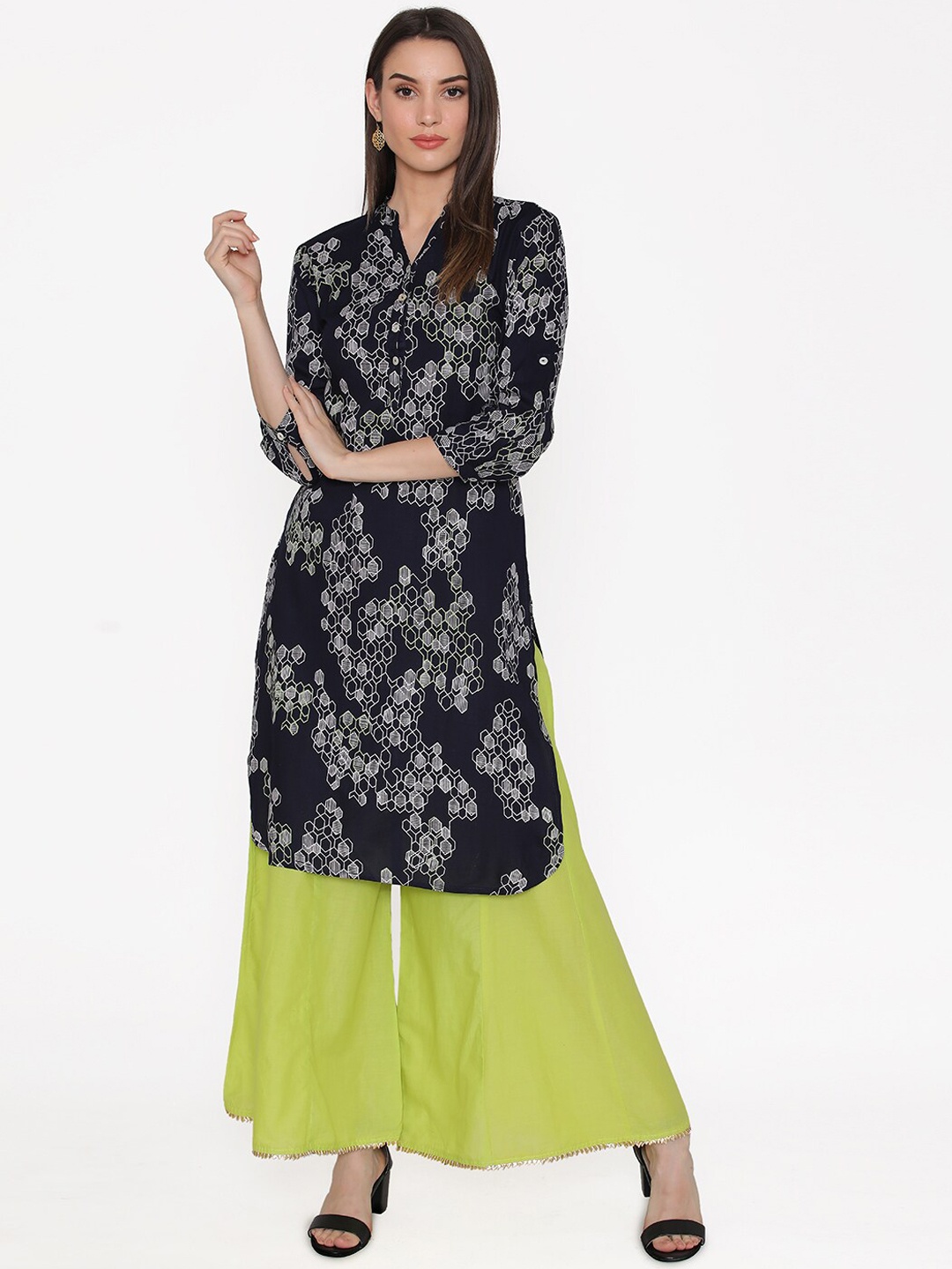 Kifahari Women Black & Fluorescent Green Printed Kurta with Palazzos