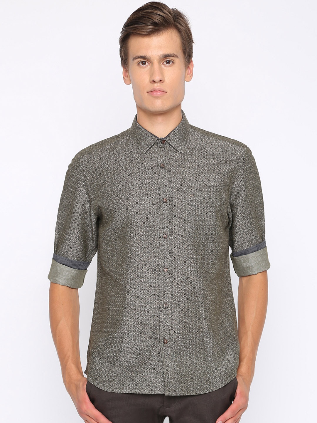 Basics Men Olive Green Slim Fit Printed Casual Shirt