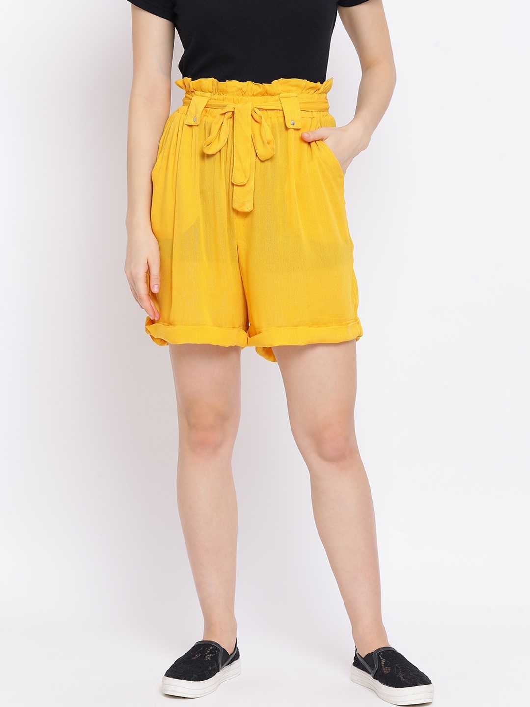 Oxolloxo Women Yellow Solid Regular Fit Regular Shorts