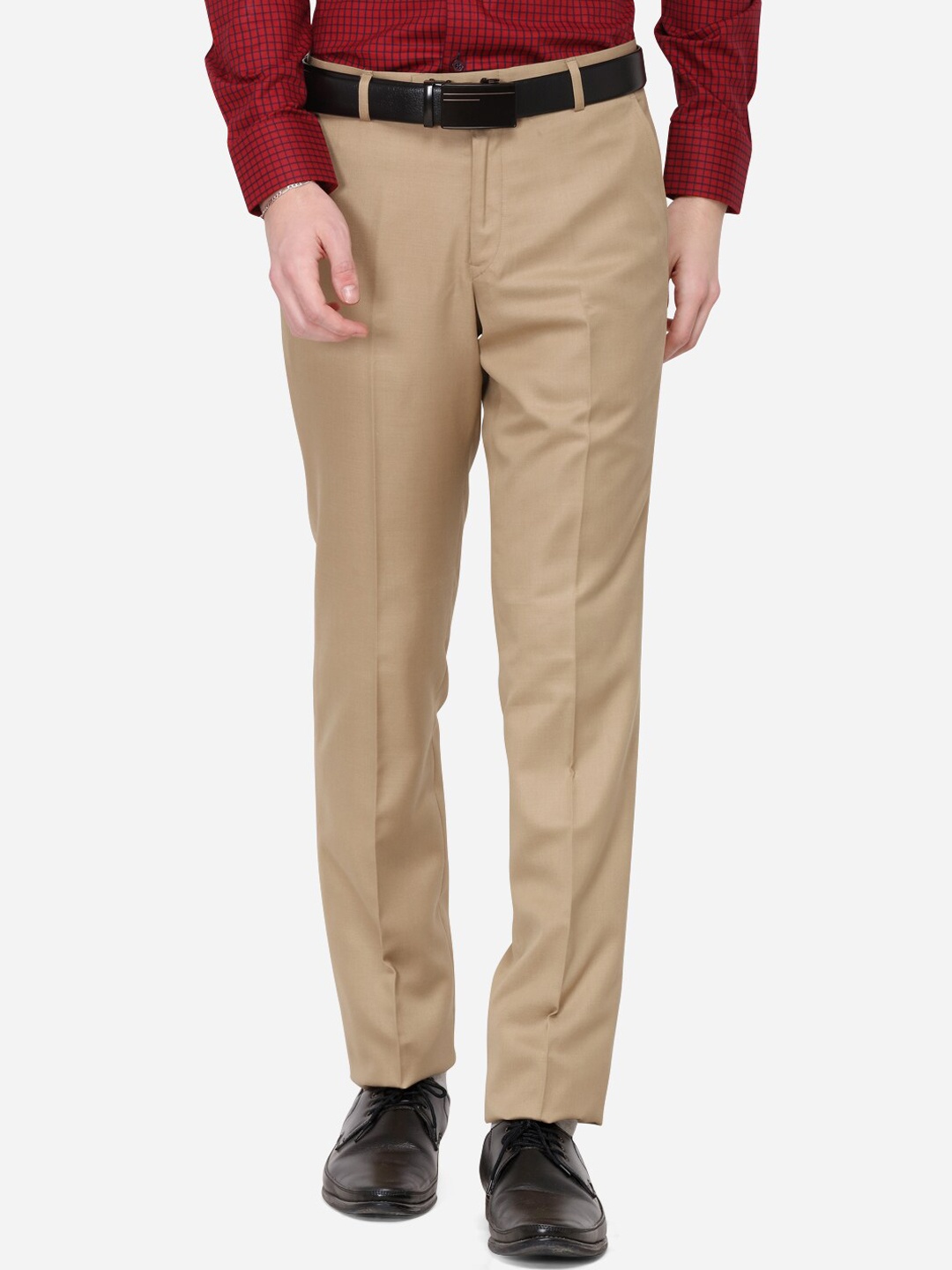 Greenfibre Men Khaki Brown Slim Fit Solid Formal Trousers