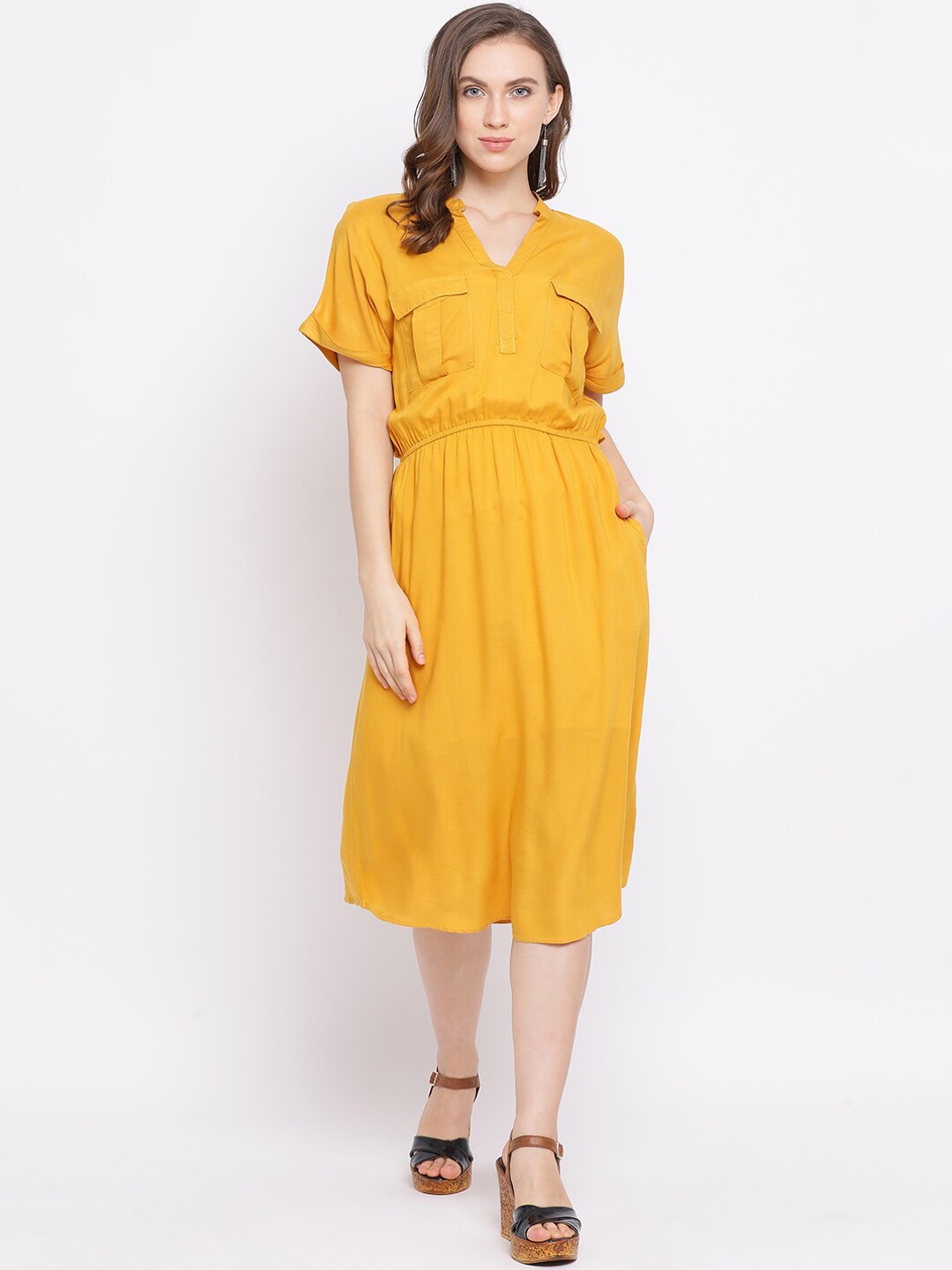 Oxolloxo Women Yellow Solid Fit and Flare Dress