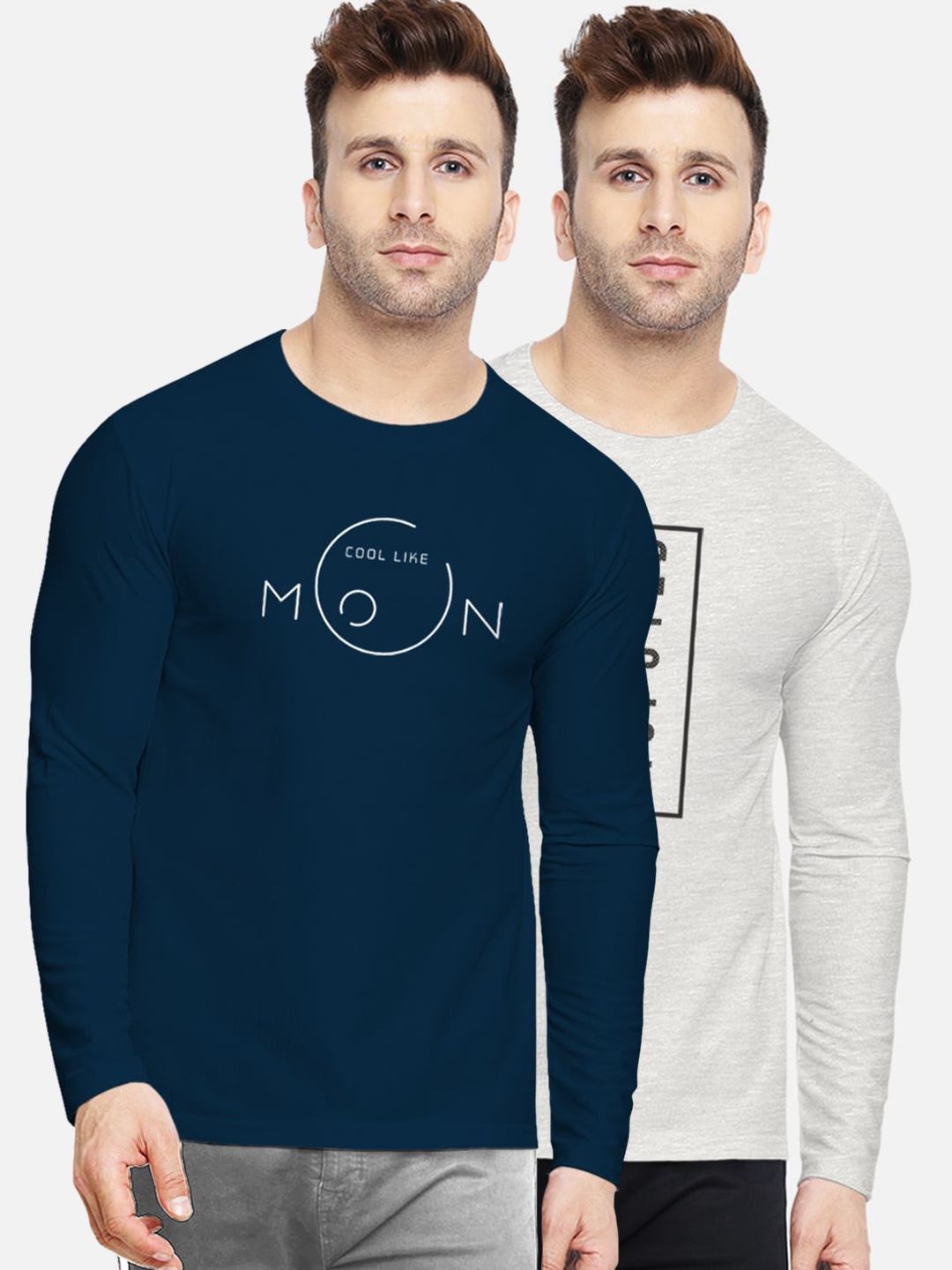 BULLMER Men Pack of 2 Printed Round Neck T-shirts, Navy blue