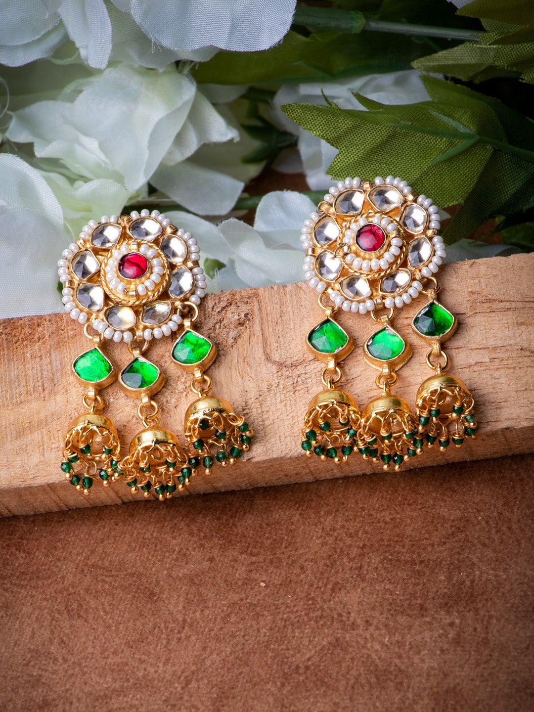 MORKANTH JEWELLERY Red & Green Dome Shaped Jhumkas