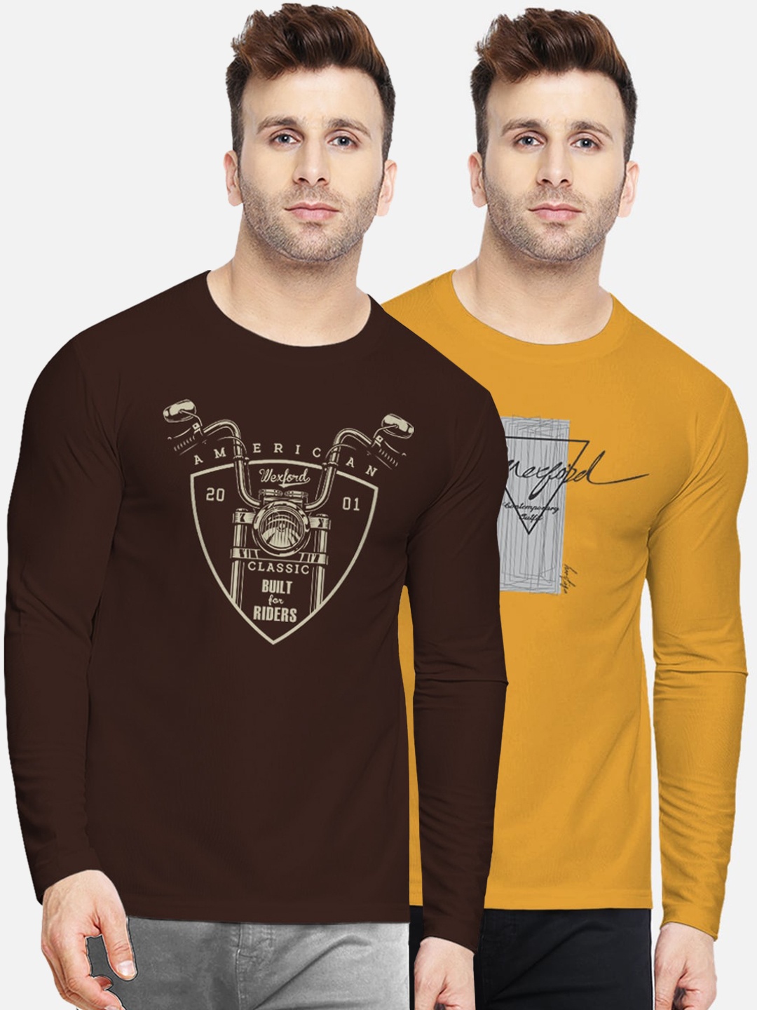 BULLMER Men Pack Of 2 Printed Round Neck Pure Cotton T-shirts, Brown