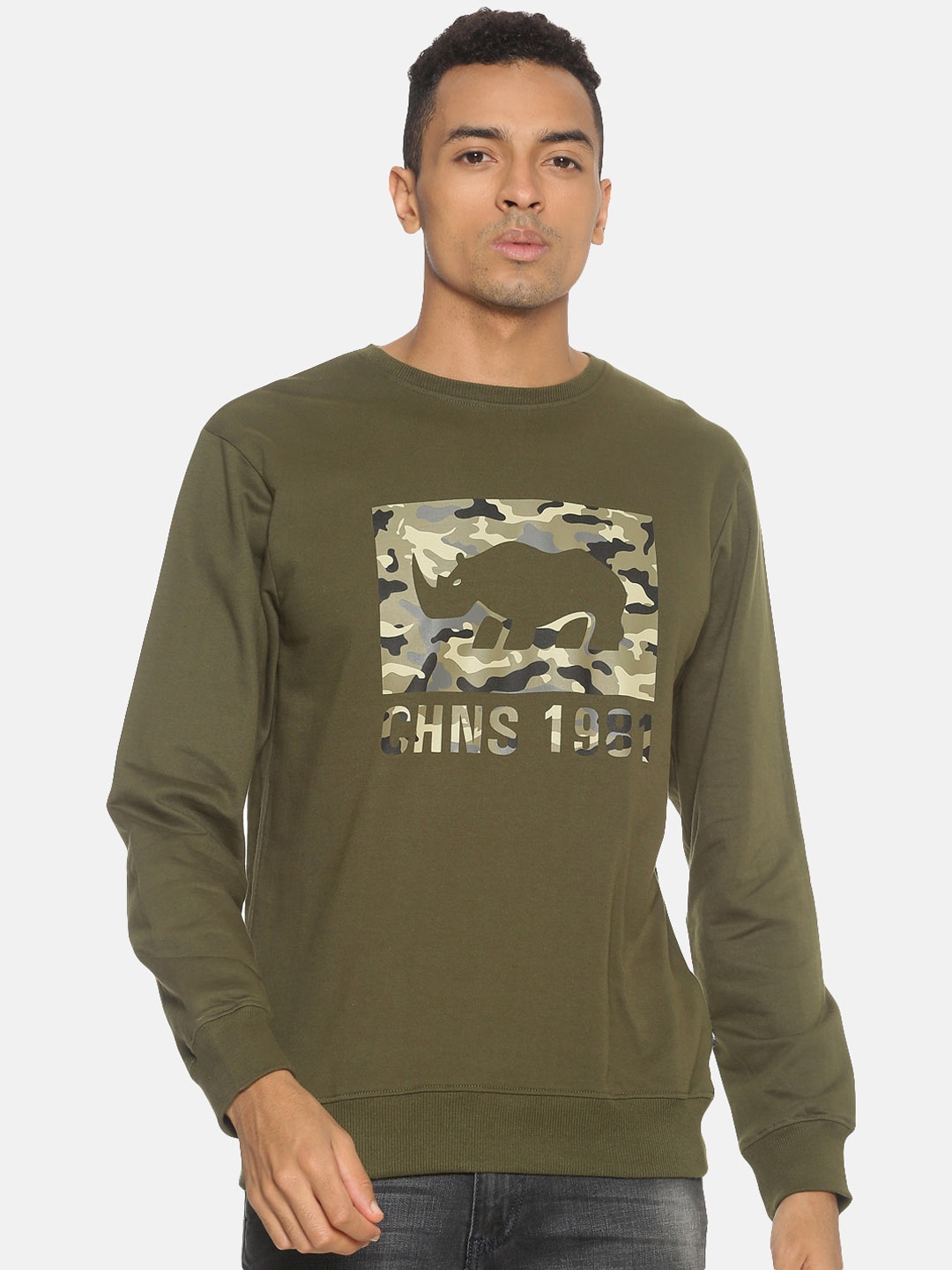 Chennis Men Olive Green Camouflage Print Sweatshirt