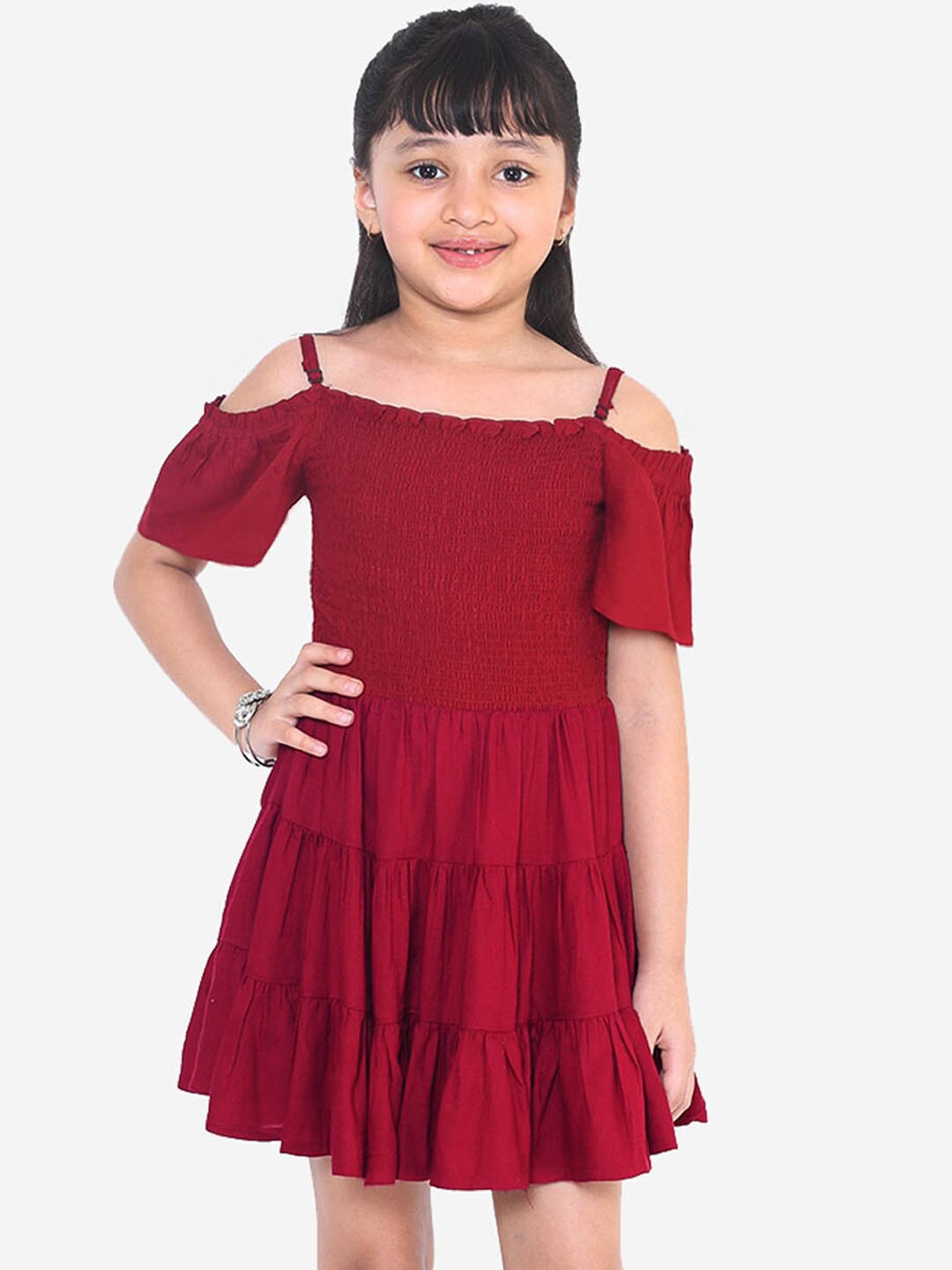 Naughty Ninos Girls Maroon Solid Fit and Flare Dress