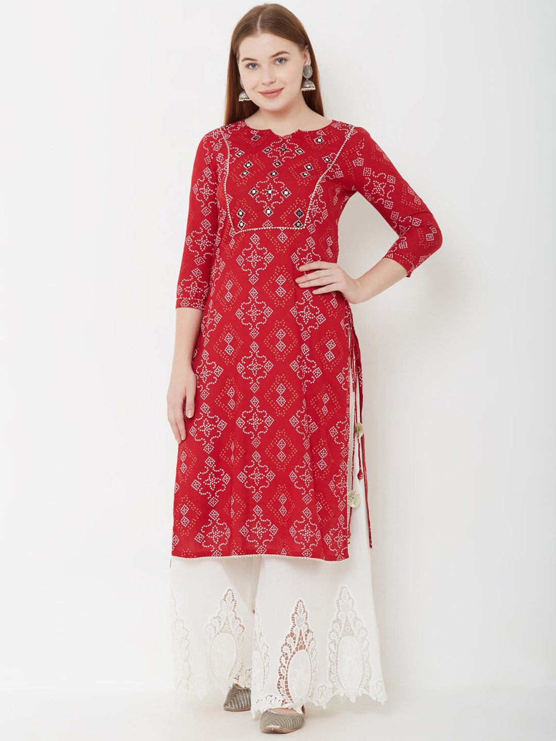 FASHOR Women Red & White Bandhani Printed Straight Kurta