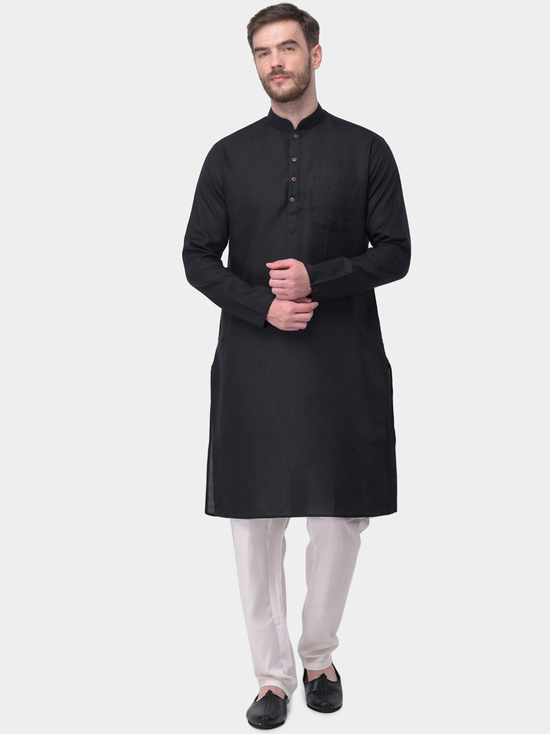 SG LEMAN Men Black & White Solid Kurta with Pyjamas