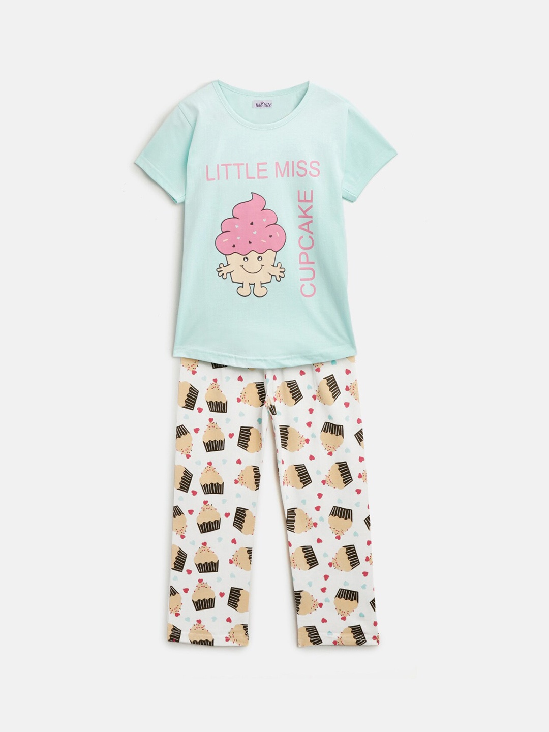 Nite Flite Girls Turquoise Blue & White Printed Night suit