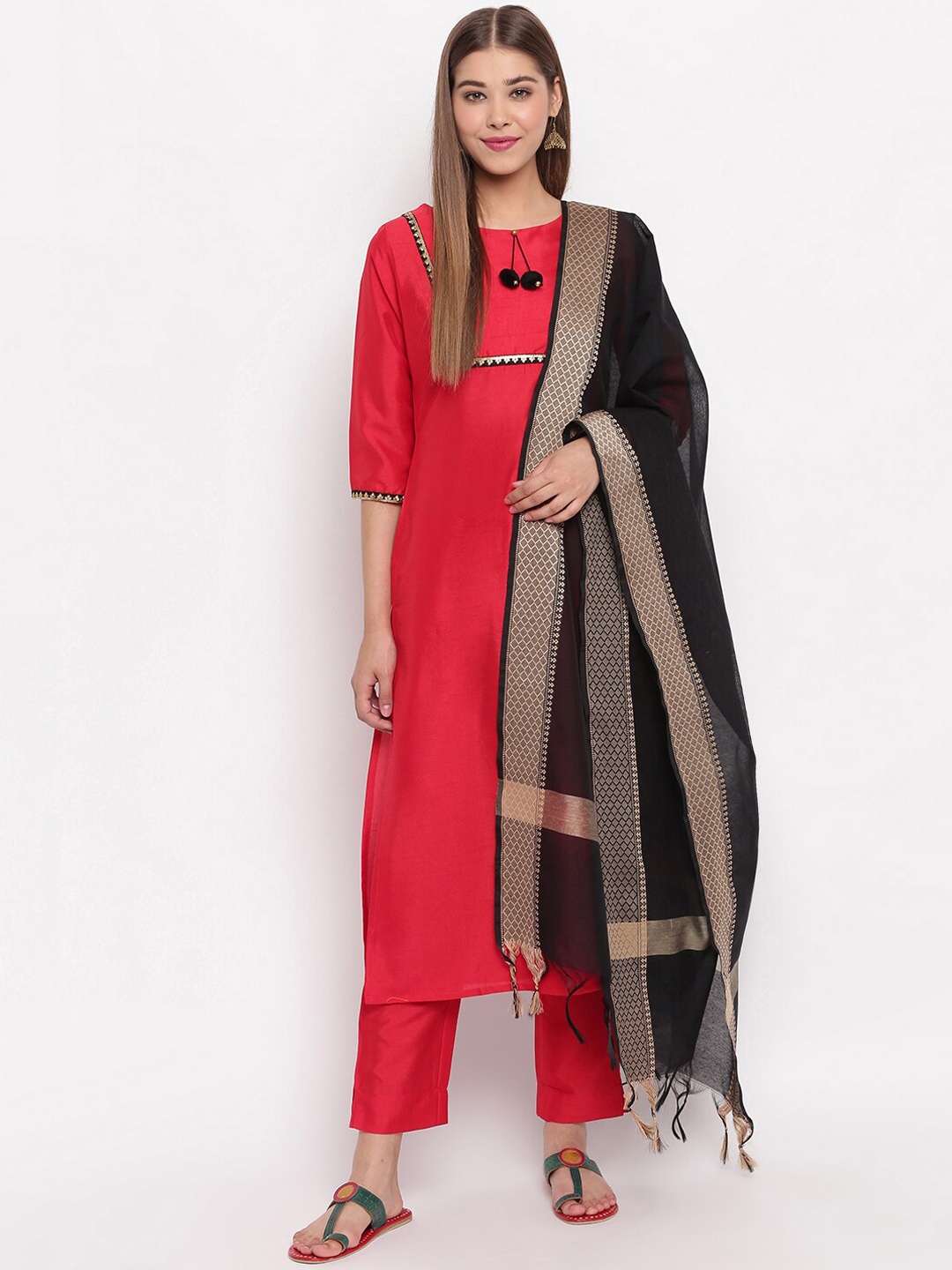 Janasya Women Red & Black Solid Kurta with Trousers & Dupatta