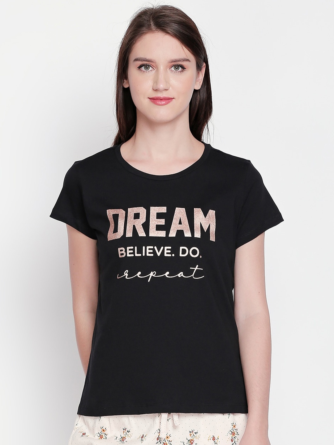 Dreamz by Pantaloons Women Black & Pink Printed Lounge T-shirt
