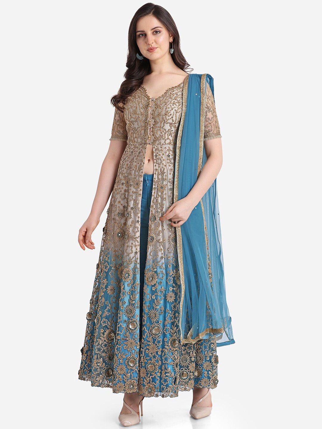 Stylee LIFESTYLE Beige & Blue Net Semi-Stitched Dress Material