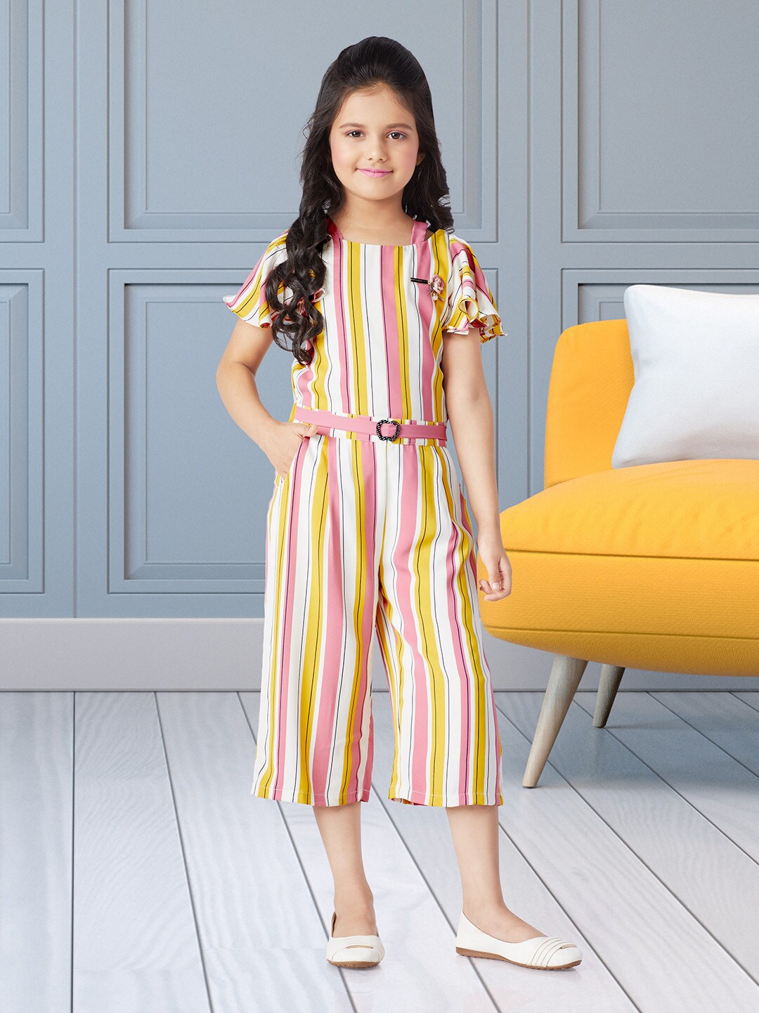 Peppermint Girls Pink & Yellow Striped Culotte Jumpsuit