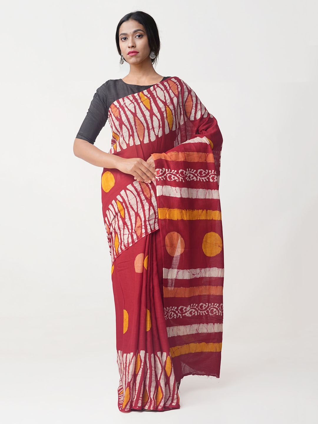 Unnati Silks Red & White Batik Print Pure Kota Organza Cotton Saree