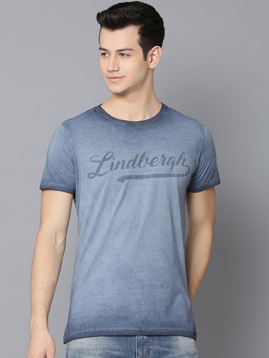 LINDBERGH Men Blue Printed Slim Fit Round Neck Pure Cotton T-shirt