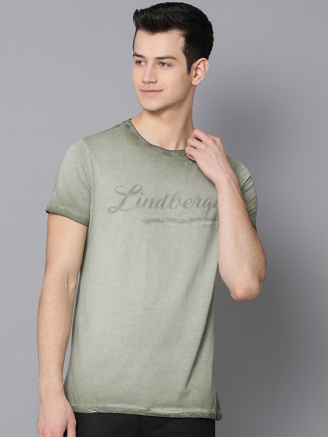 LINDBERGH Men Green Printed Round Neck Pure Cotton T-shirt