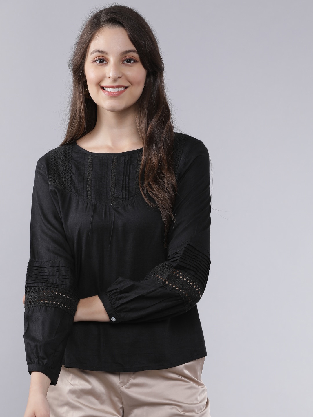Tokyo Talkies Women Black Self Design Top
